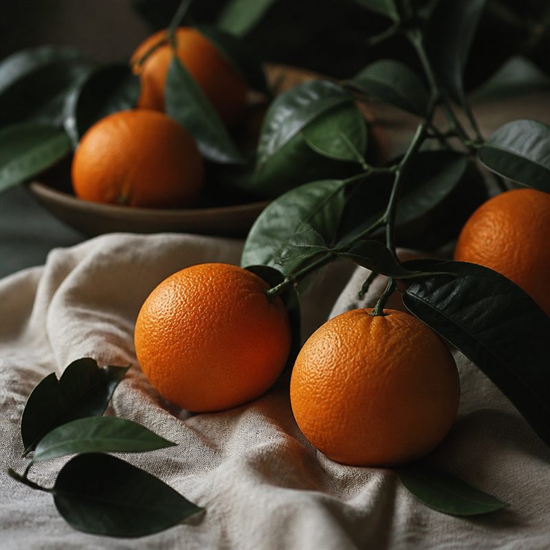 Oranges and green leaves on linen