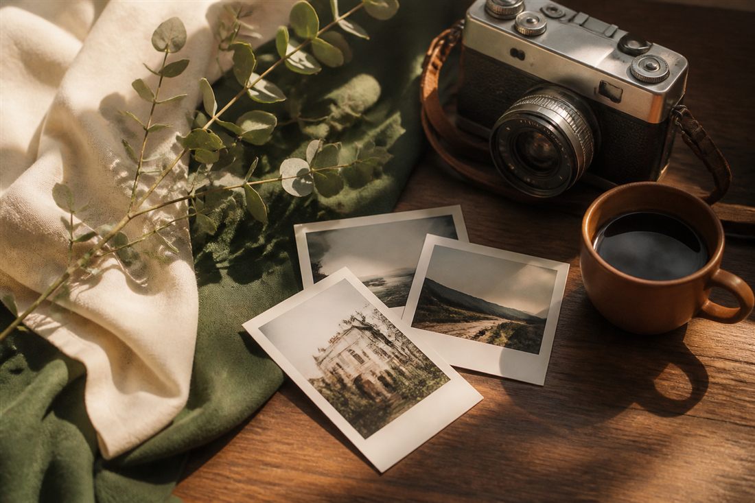 Camera and prints on a wooden desk