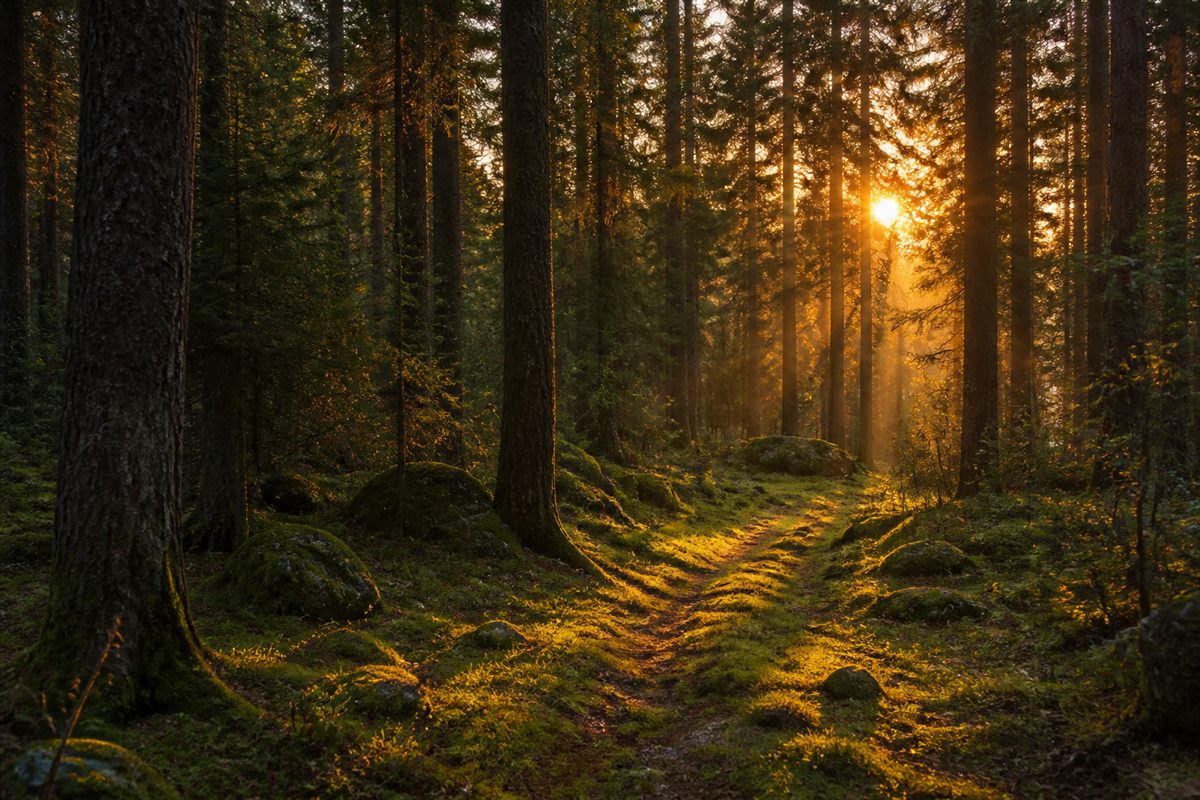 Sunlight through a pine forest at golden hour