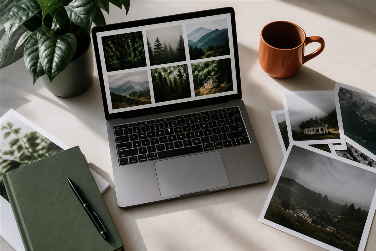 Photographs laid out on a laptop at a desk